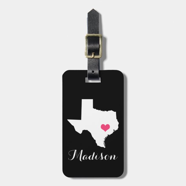 Étiquette À Bagage Coeur noir et rose personnalisé Texas Home State (Devant Vertical)