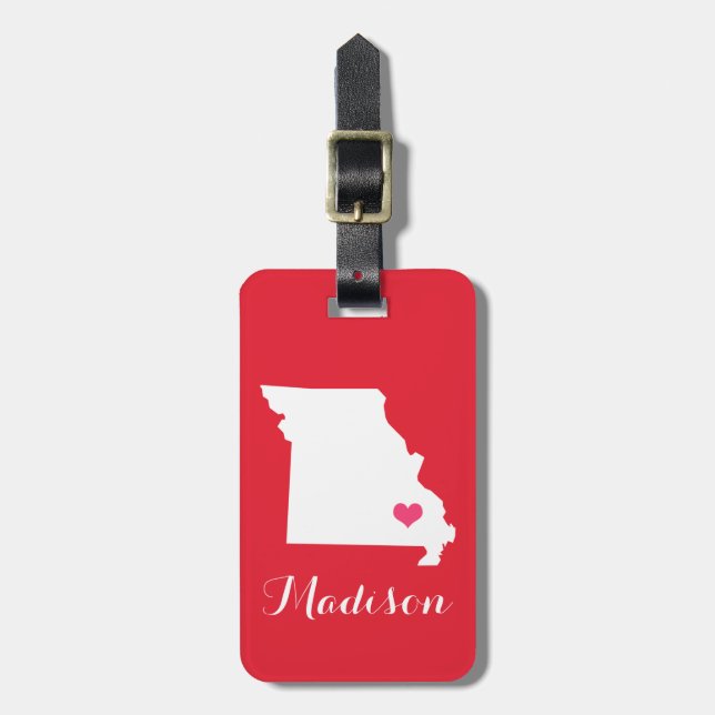 Étiquette À Bagage Coeur rose et rouge personnalisé État du Missouri (Devant Vertical)