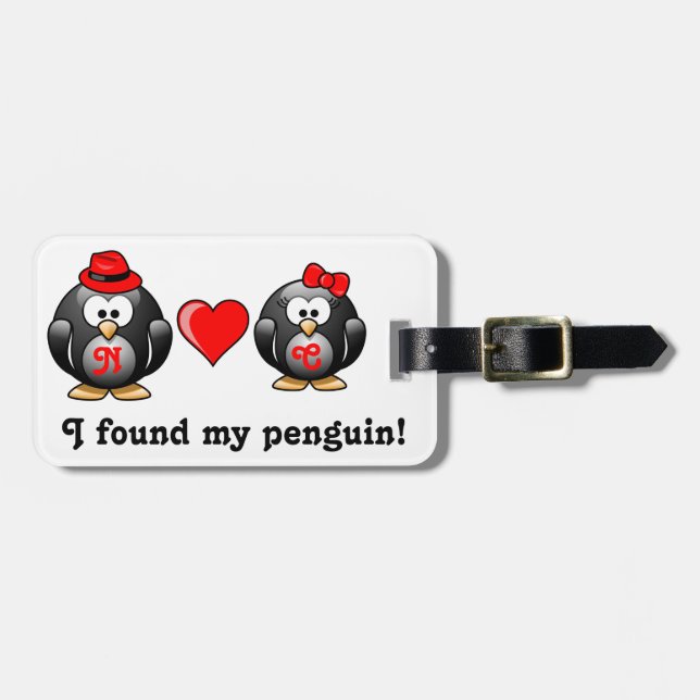 Étiquette À Bagage Coeur rouge j'ai trouvé mon compagnon de pingouin (Devant horizontal)