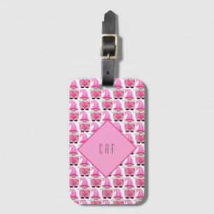 Étiquette À Bagage Cœurs de gnomes roses monogramme bois mignon