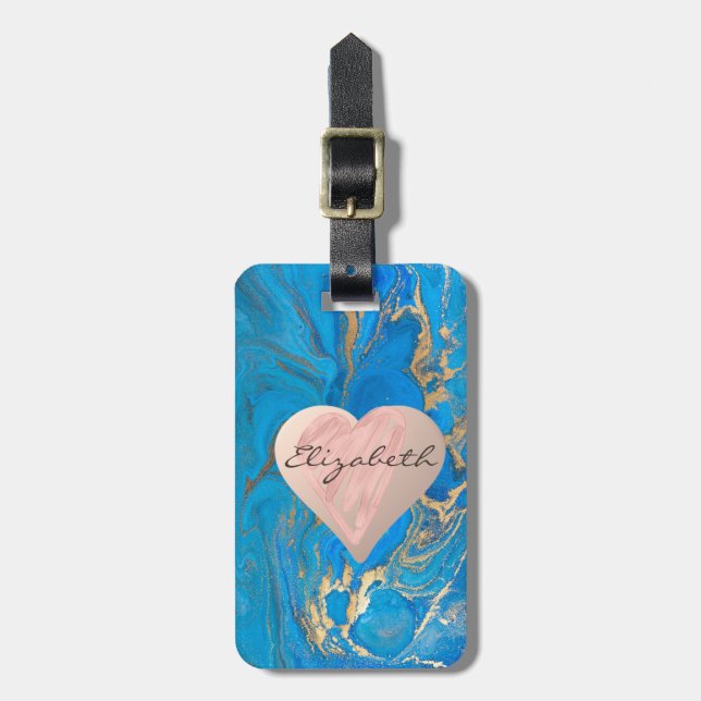 Étiquette À Bagage Coeurs Fille Chic, Marbre Or Bleu - Personnalisé (Devant Vertical)