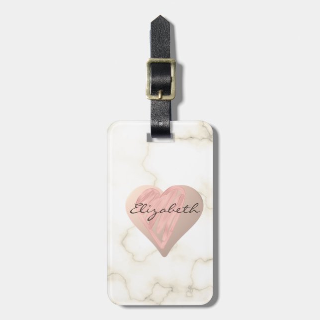 Étiquette À Bagage Coeurs Fille Chic, Marbre - Personnalisé (Devant Vertical)