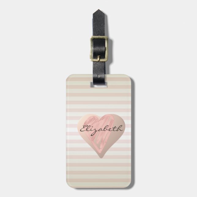 Étiquette À Bagage Coeurs Fille Chic, Rayures - Personnalisé (Devant Vertical)