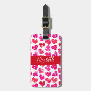Étiquette À Bagage Coeurs griffés rouges et roses modernes Valentine