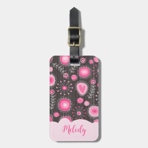 Étiquette À Bagage Coeurs gris rose blanc et nom fleuri