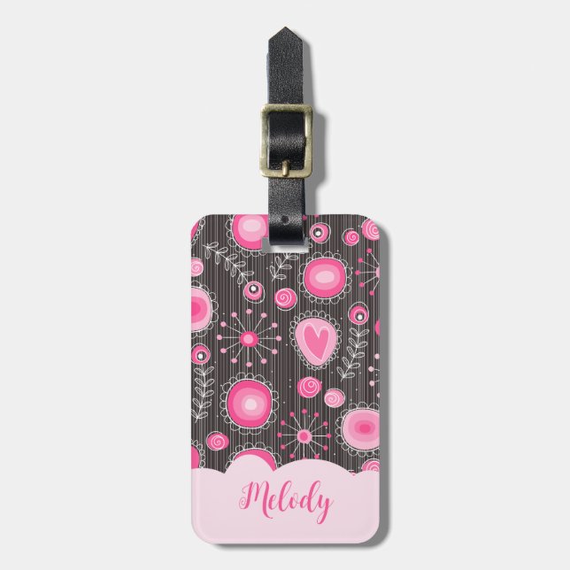 Étiquette À Bagage Coeurs gris rose blanc et nom fleuri (Devant Vertical)