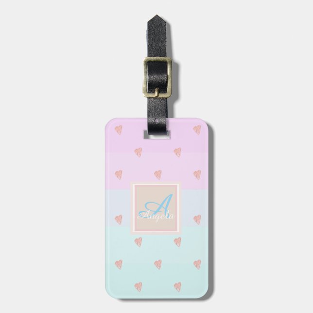 Étiquette À Bagage Coeurs, Monogramme rayé Ombre Personnalisé (Devant Vertical)