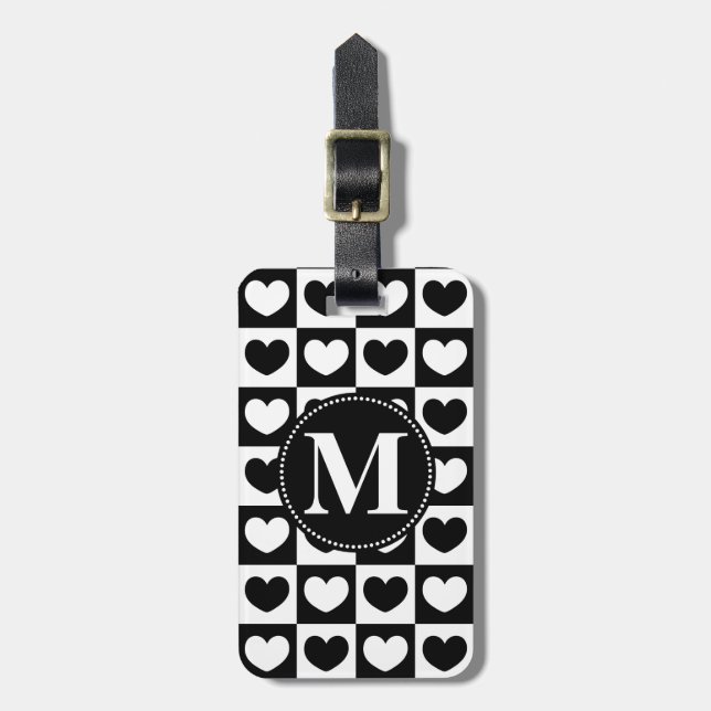 Étiquette À Bagage Cœurs noirs et blancs, Monogramme (Devant Vertical)