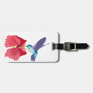 Étiquette À Bagage Colibri bleu et vert et Hibiscus rouge