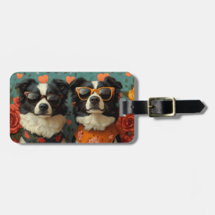 Étiquette À Bagage Collie frontalier avec coeur Roses Saint-Valentin