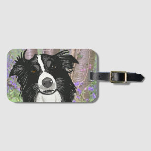 Étiquette À Bagage Collie frontalière noire et blanche dans Bluebell 