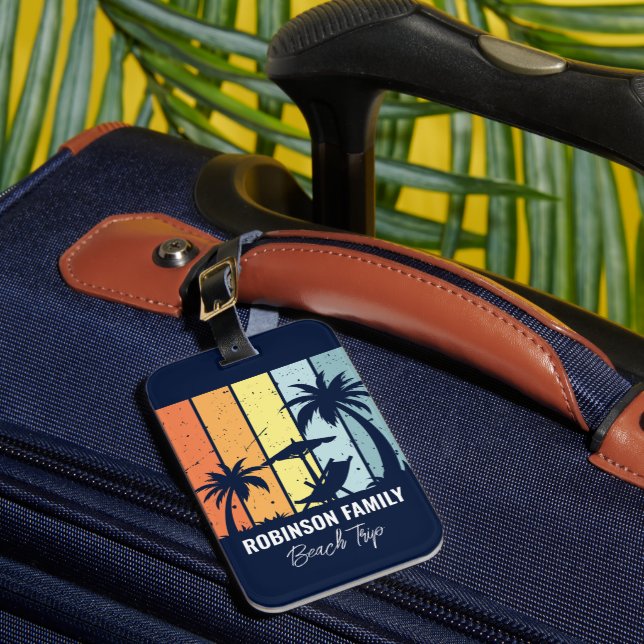 Étiquette À Bagage Cool Retro Beach Trip Custom Navy Blue Palm Trees (Insitu Rectoal 1)