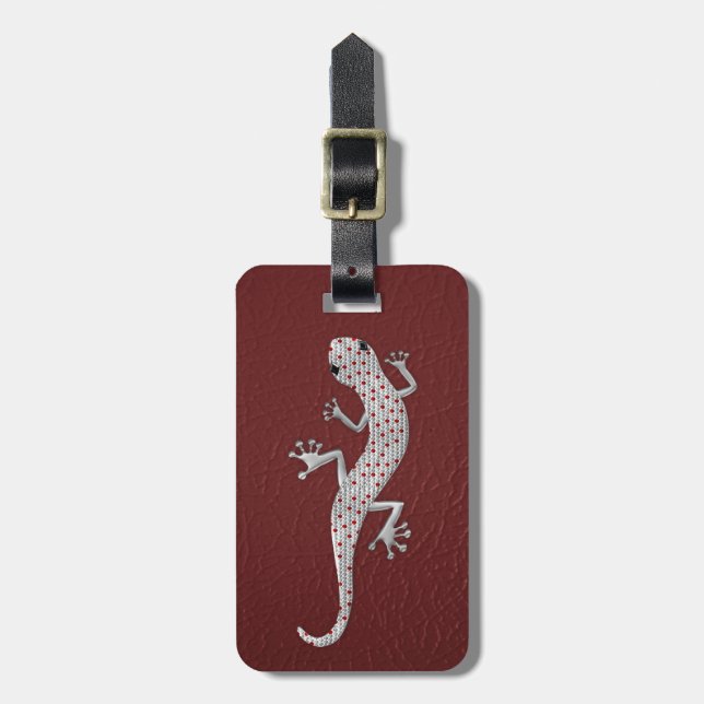 Étiquette À Bagage Cool rouge blanc points lézard effets métal argent (Devant Vertical)