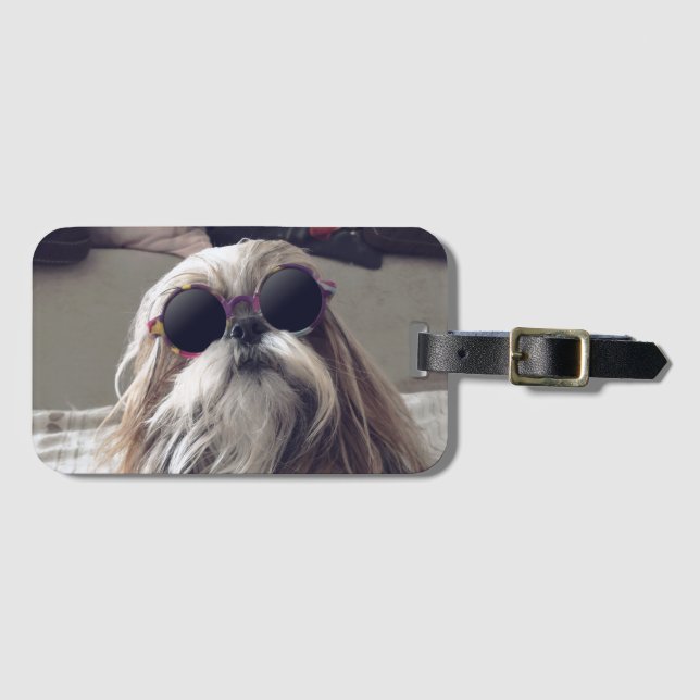 Étiquette À Bagage Cool Shih Tzu cheveux longs Lunettes de soleil vin (Devant Horizontal)
