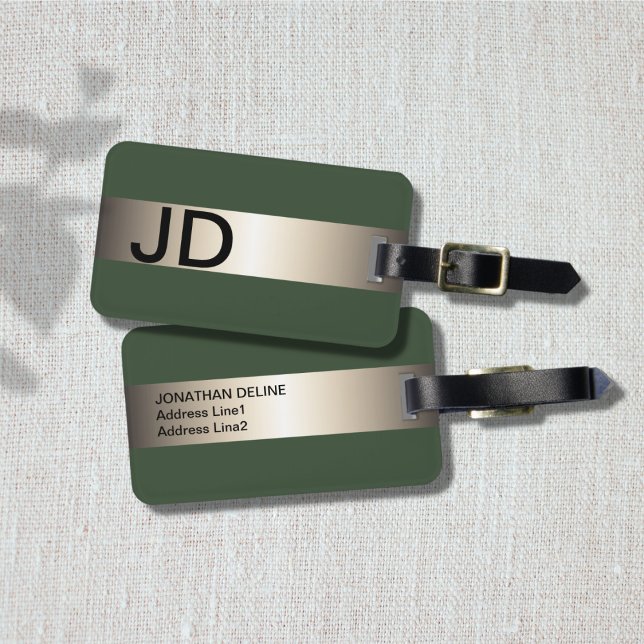 Étiquette À Bagage Cool Vert Faux Métal Bande Gras Monogramme (Créateur téléchargé)
