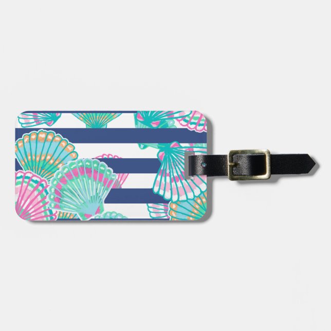 Étiquette À Bagage Coquillages avec bandes bleues de la Marine (Devant horizontal)
