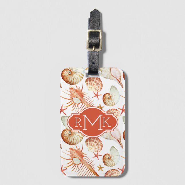 Étiquette À Bagage Corail avec les coquilles et le monogramme du (Devant Vertical)
