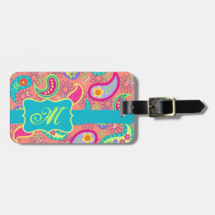 Étiquette À Bagage Coral Orange Moderne Paisley Motif Monogramme