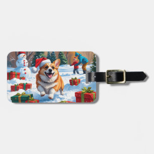Étiquette À Bagage Corgi courant dans la neige avec un chapeau de Noë