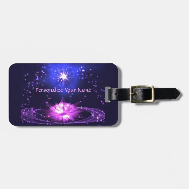 Étiquette À Bagage Cosmic Zen violet cristal Lotus Fleur Stars Lugga (Devant horizontal)