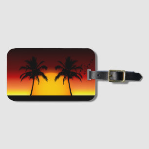 Étiquette À Bagage Coucher de soleil sur une paume tropicale en silho