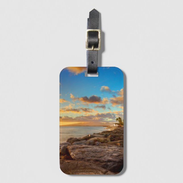 Étiquette À Bagage Coucher du soleil d'océan au-dessus des roches et (Devant Vertical)