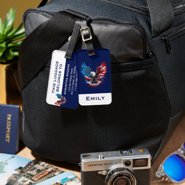 Étiquette À Bagage Couleurs Pratiques Aigle Rouge Blanc Et Bleu (Recto & Verso)