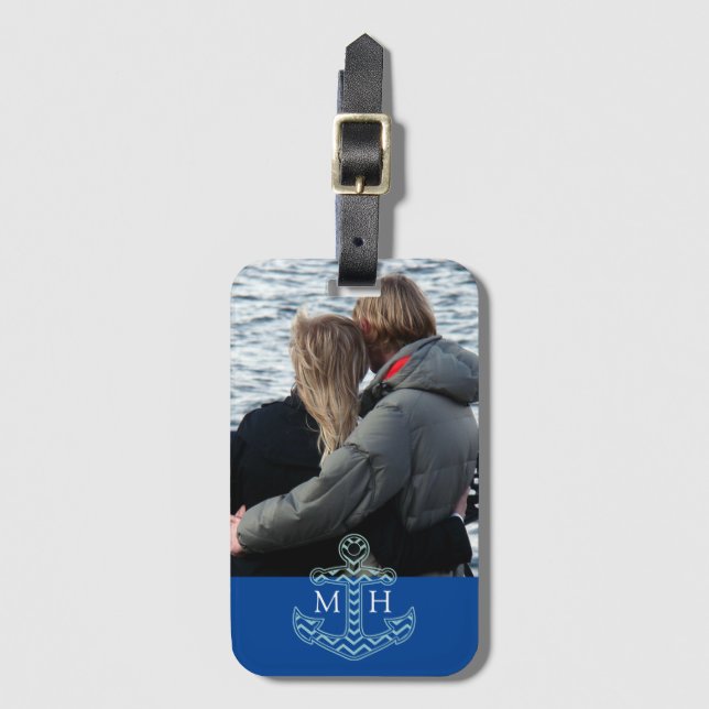 Étiquette À Bagage Couples personnalisés Photo Initiales Ancres nauti (Devant Vertical)