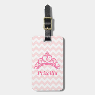 Étiquette À Bagage Couronne de princesse, Chevron rose et blanc, pour