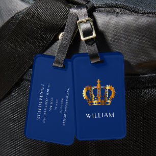 Étiquette À Bagage Couronne Royale Dorée Nom Personnalisé Bleu