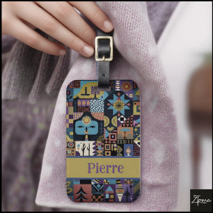 Étiquette À Bagage Courte patchwork de style folk art aux tons terreu