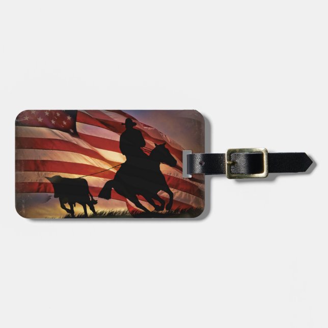 Étiquette À Bagage Cowboy et Steer Roping avec drapeau américain (Devant horizontal)