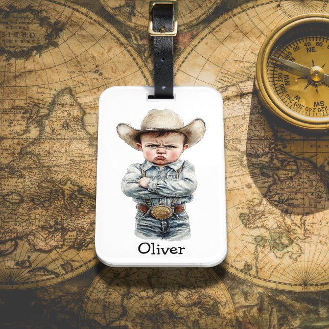 Étiquette À Bagage Cowboy Grognon Personnalisé en Tenue de Denim (Créateur téléchargé)