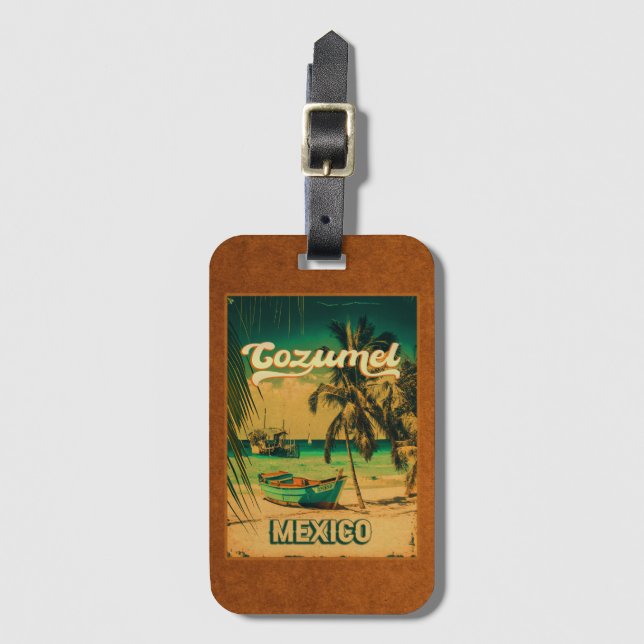 Étiquette À Bagage Cozumel Palm Tree Retro 80s Playa mexicaine (Devant Vertical)