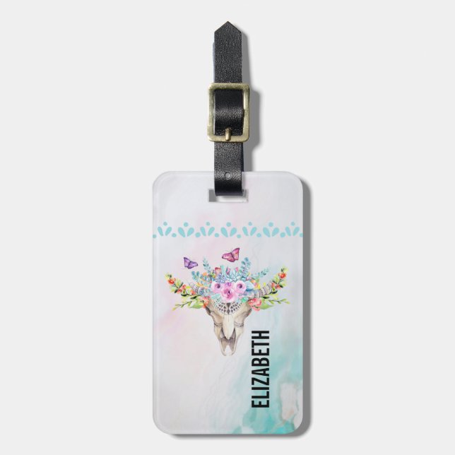Étiquette À Bagage Crâne animal Boho avec papillons et fleurs (Devant Vertical)