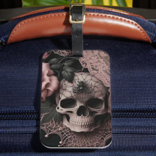 Étiquette À Bagage Crâne avec dentelle rose et fleur rose doux