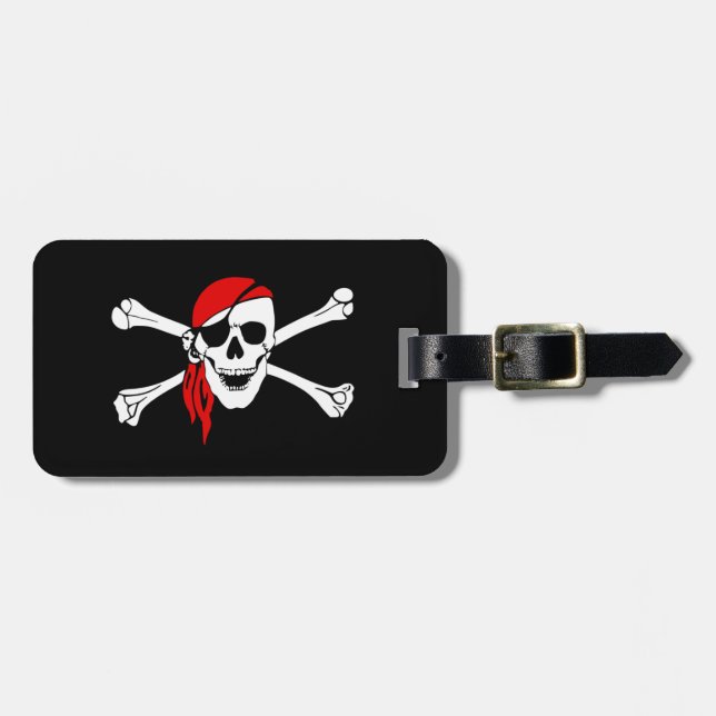 Étiquette À Bagage Crâne pirate et os croisés avec Bandana rouge (Devant horizontal)