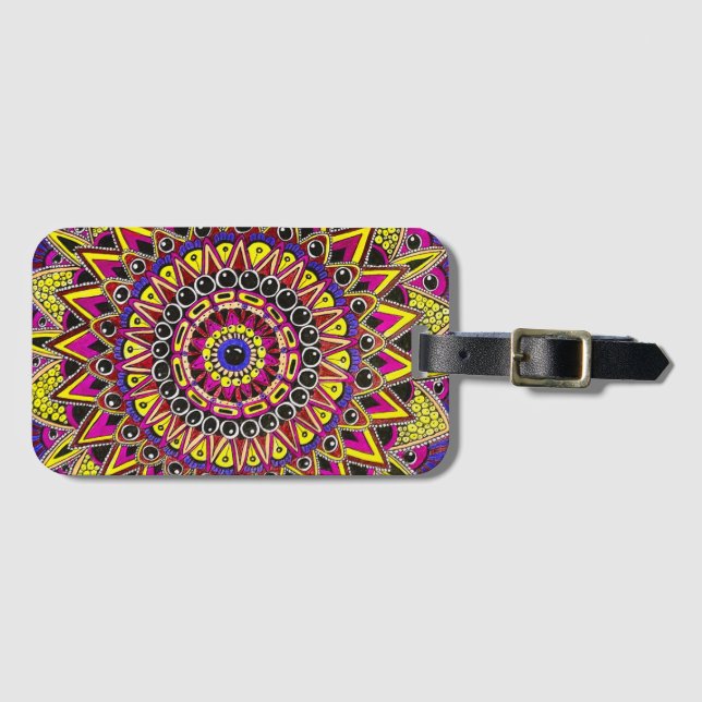 Étiquette À Bagage Crayon de couleur violet jaune Mandala (Devant Horizontal)