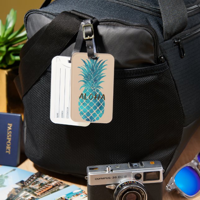 Étiquette À Bagage Crème Turquoise Bleu Tropical Ananas Aloha (Recto & Verso)