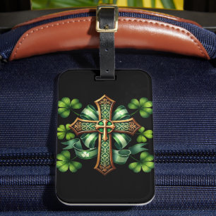 ÉTIQUETTE À BAGAGE CROIX CELTIQUE IRLANDAISE VERTE & OR ET RIBBBONS