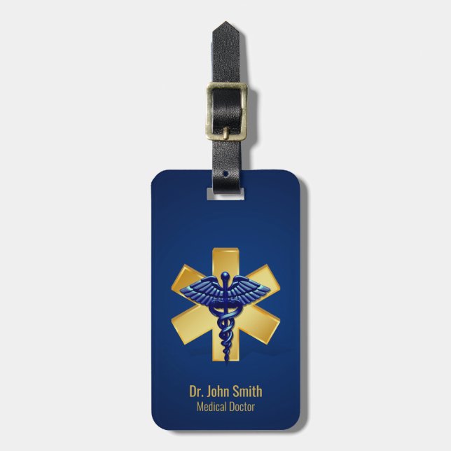 Étiquette À Bagage Croix d'or bleu Médicale 3D Caduceus (Devant Vertical)