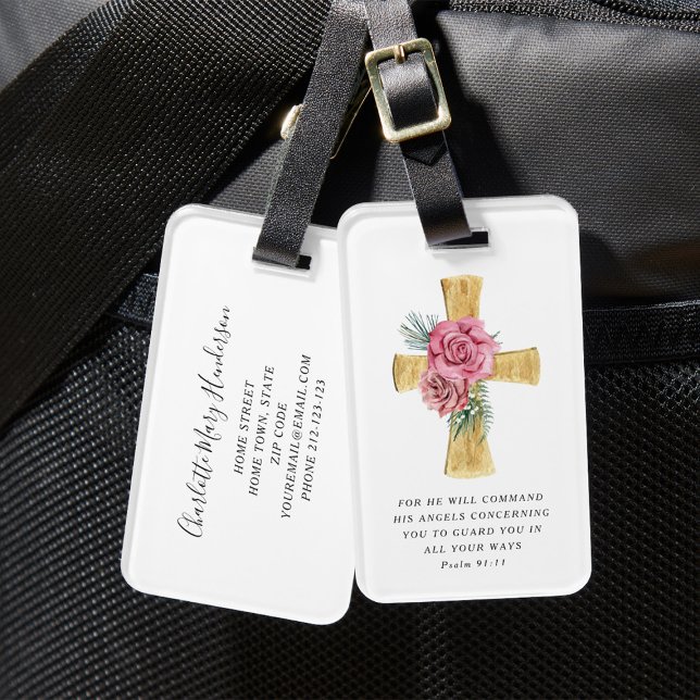 Étiquette À Bagage Croix florale rose (Religious Floral Cross Psalm 91:11 Bible Verse Luggage Tag)