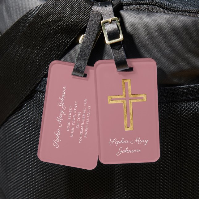 Étiquette À Bagage Croix religieuse rose élégante (Elegant Religious Cross Dusty Pink Script Luggage Tag)
