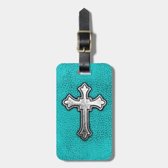 Étiquette À Bagage Croix turquoise en métal (Devant Vertical)