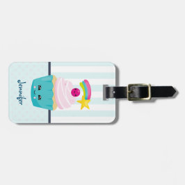 Étiquette À Bagage Cupcake bleu mignon avec visage Kawaii