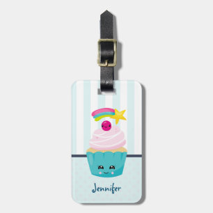 Étiquette À Bagage Cupcake bleu mignon avec visage Kawaii