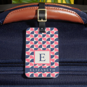 Étiquette À Bagage Customisé bleu foncé gris rose géométrique