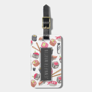 Étiquette À Bagage Cute Aquarelle tendance Sushi Sake et Chopsticks