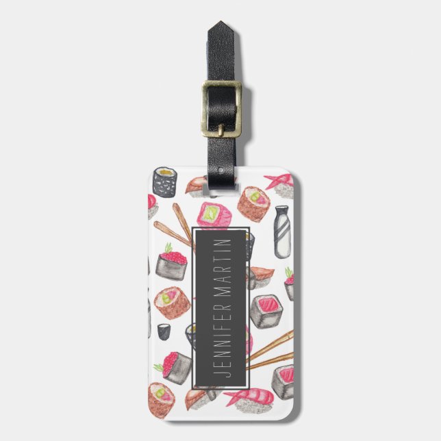 Étiquette À Bagage Cute Aquarelle tendance Sushi Sake et Chopsticks (Devant Vertical)