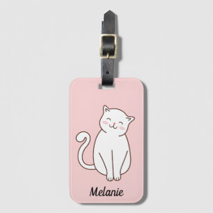 Étiquette À Bagage Cute Blanc Kawaii Chat Souriant Rose Personnalisé